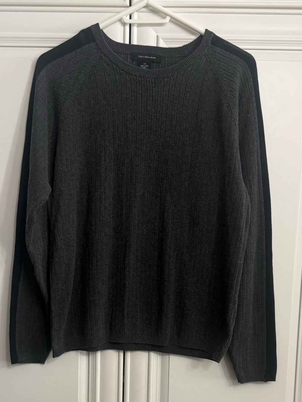 Calvin Klein Jeans Men's Dark Charcoal Grey Crewneck Ribbed Knit Sweater Cotton